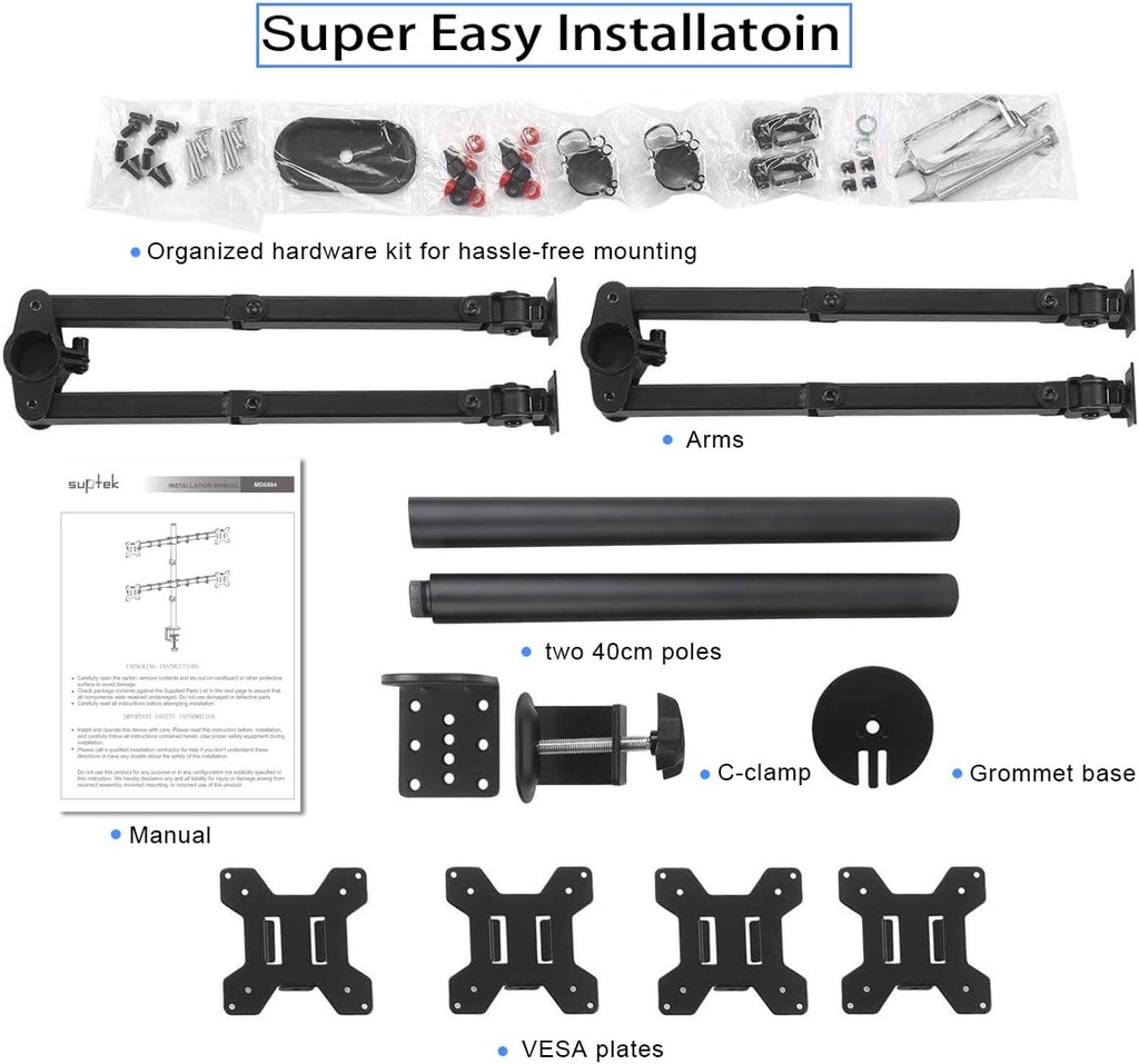 Support Double écran STANDOPIA - Ultra Haut, Réglable Pour écrans 17 à 40 Pouces, Jusqu'à 12kg Par Bras, VESA 75/100 Mm
